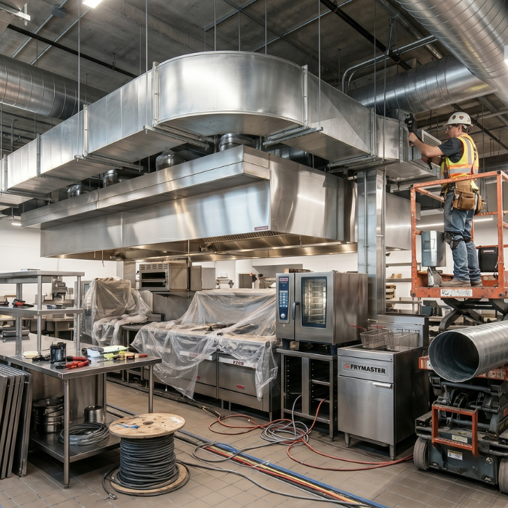 Commercial contractor on a scissor lift installing stainless steel exhaust hood ducting and kitchen equipment during a renovation by restaurant remodelling contractor Belvan Construction.