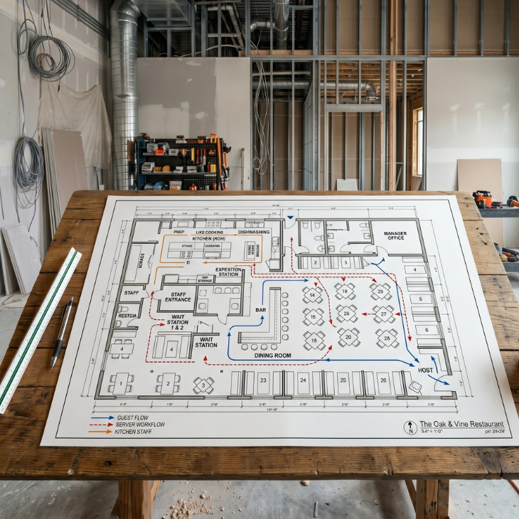Detailed restaurant floor plan blueprint showing kitchen workflow, guest flow, and seating layout paths on a drafting table inside a commercial construction site by restaurant remodelling contractor Belvan Construction.